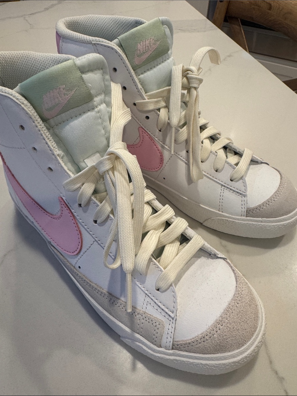 Nike High-Top Sneakers in White with Pink Swoosh and Mint Accents Blazer Mid 77